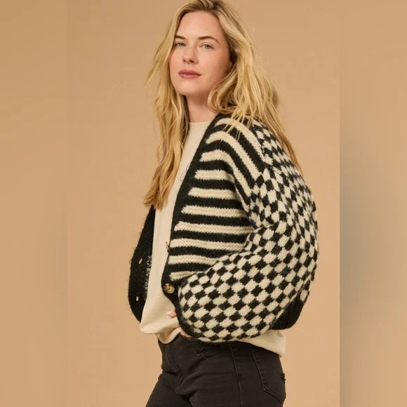 Altar’d State Claudia Checkered Cardigan Sweater Black & Cream Balloon Sleeve - Picture 2 of 13